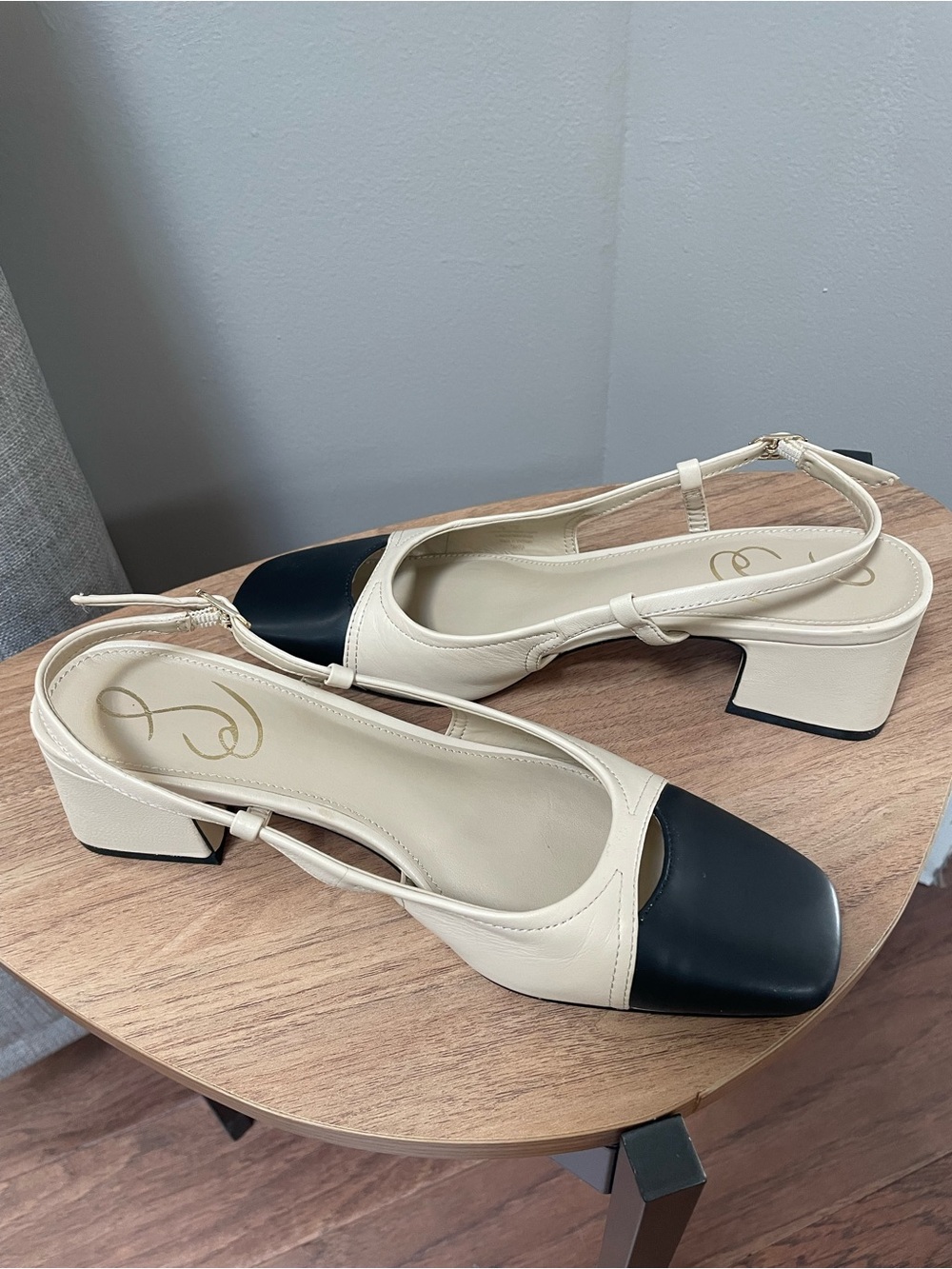Sam Edelman “Tara” Cream and Black Slingback Block Heels